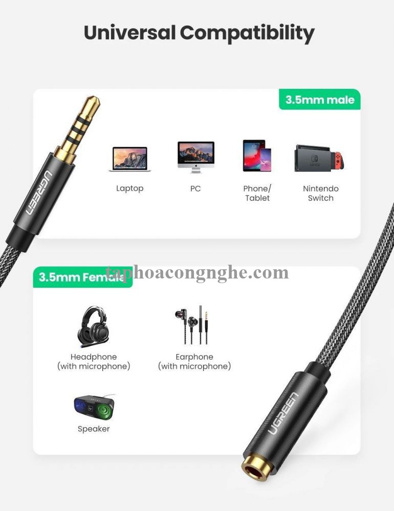 Ugreen 60845 0.5M màu đen 3.5mm 3 ngấn nối dài Cáp âm thanh dây bện nylon 50cm hỗ trợ micro AV118 30060845